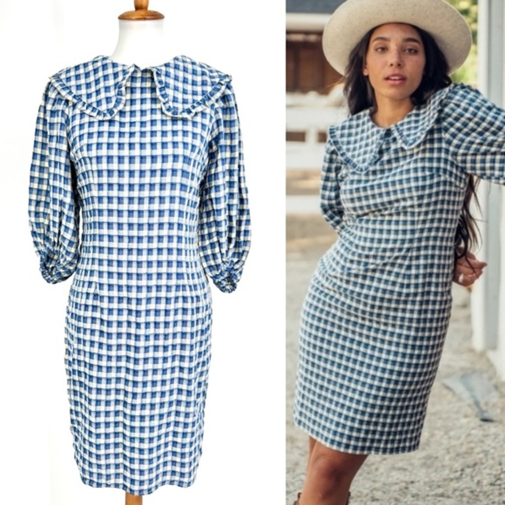 JESSAKAE Jessy Jane Gingham Blue Check Prairie Puff Sleeve Collared Dress NWT
